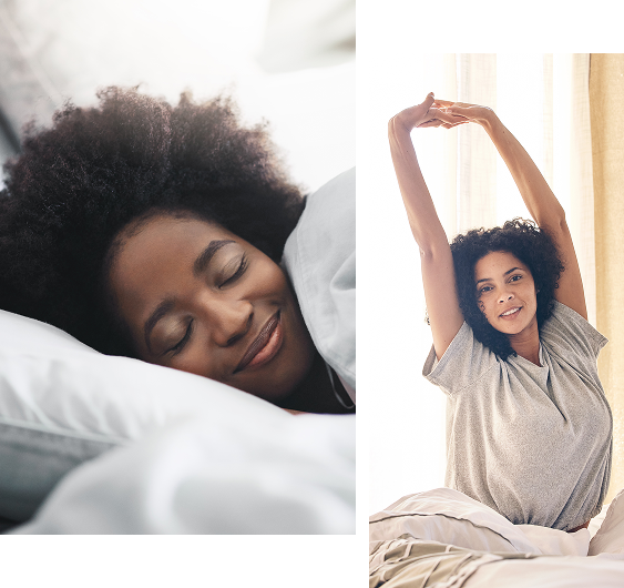 A woman sleeping peacefully and a woman stretching after waking as a part of a healthy Ayurvedic routine